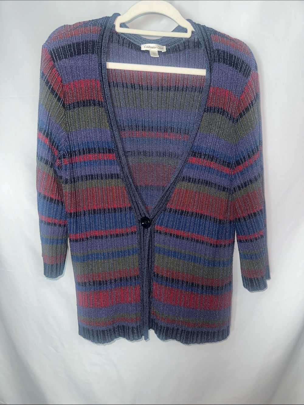 Coldwater Creek Striped Ribbed Cardigan in Blue, Red, Olive